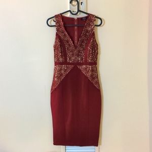 Wine Red Bodycon Lace Plunge Dress